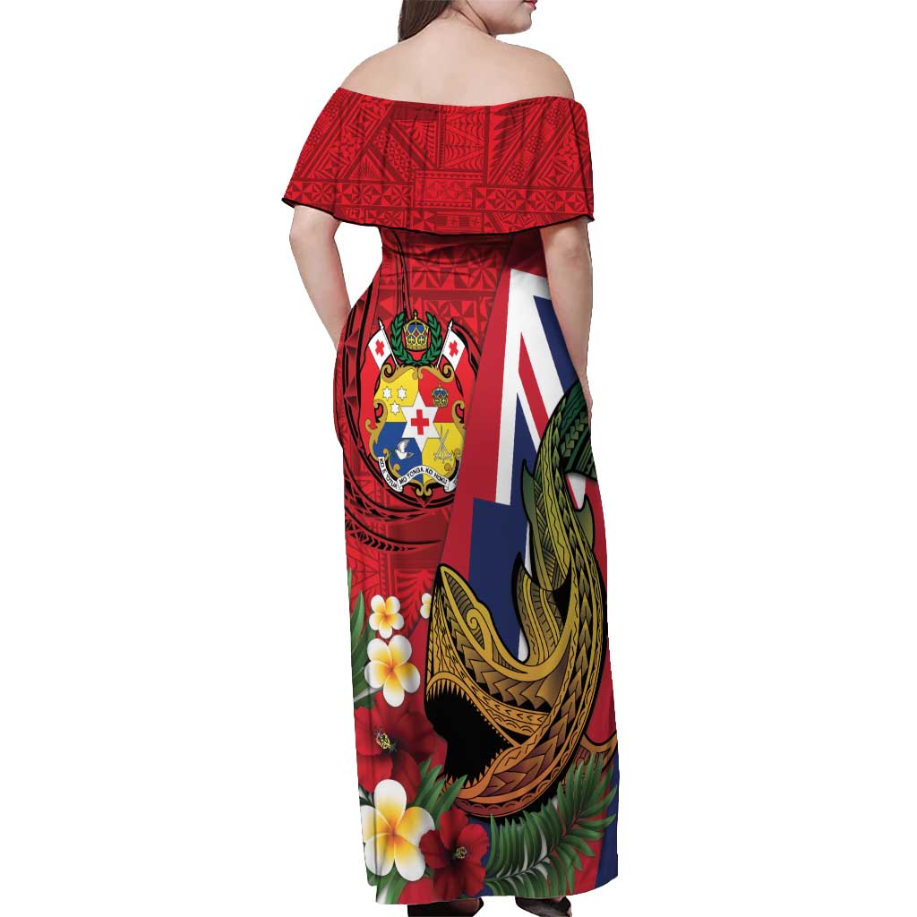 Hawaii And Tonga Off Shoulder Maxi Dress Shark Tattoo With Tongan Coat Of Arms