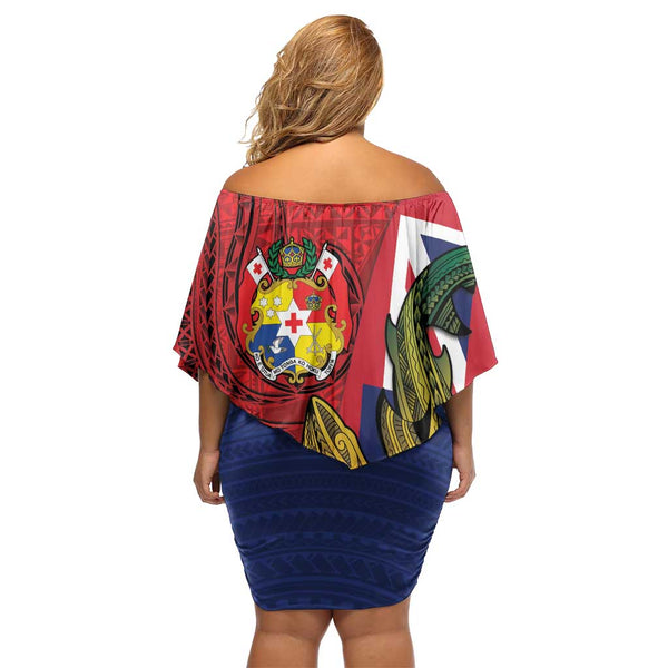 Kiribati Woman Off Shoulder Long Dress Coat Of Arms Kakau Style Turquoise