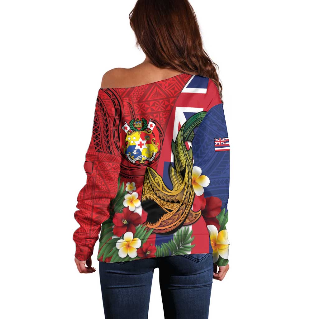 Hawaii And Tonga Off Shoulder Sweater Shark Tattoo With Tongan Coat Of Arms