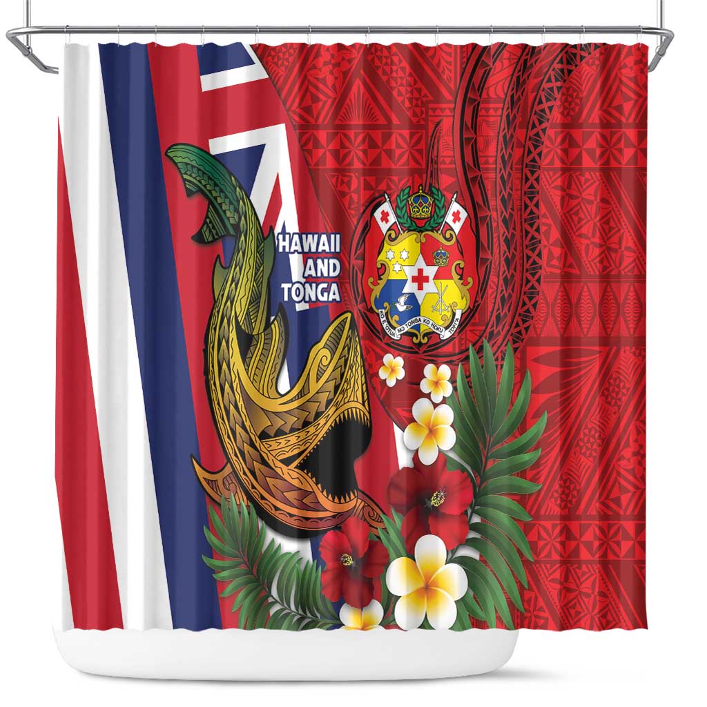 Hawaii And Tonga Shower Curtain Shark Tattoo With Tongan Coat Of Arms LT14 Red - Polynesian Pride