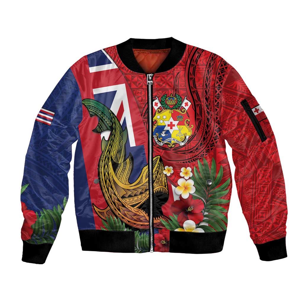 Hawaii And Tonga Sleeve Zip Bomber Jacket Shark Tattoo With Tongan Coat Of Arms LT14 Unisex Red - Polynesian Pride