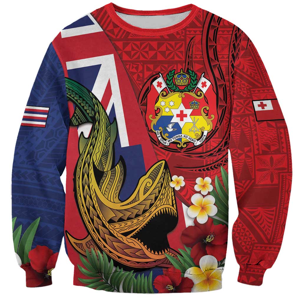 Hawaii And Tonga Sweatshirt Shark Tattoo With Tongan Coat Of Arms LT14 Unisex Red - Polynesian Pride