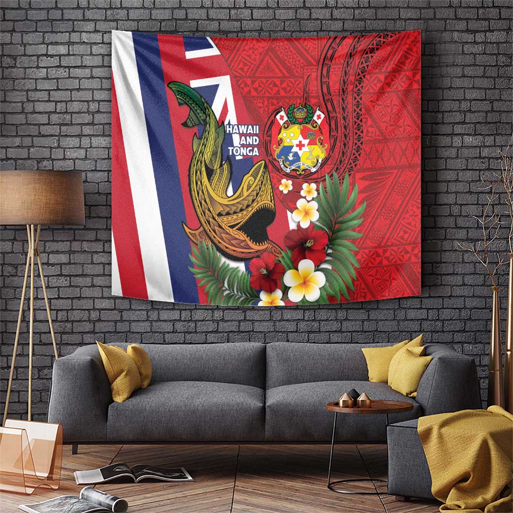 Hawaii And Tonga Tapestry Shark Tattoo With Tongan Coat Of Arms LT14 Red - Polynesian Pride