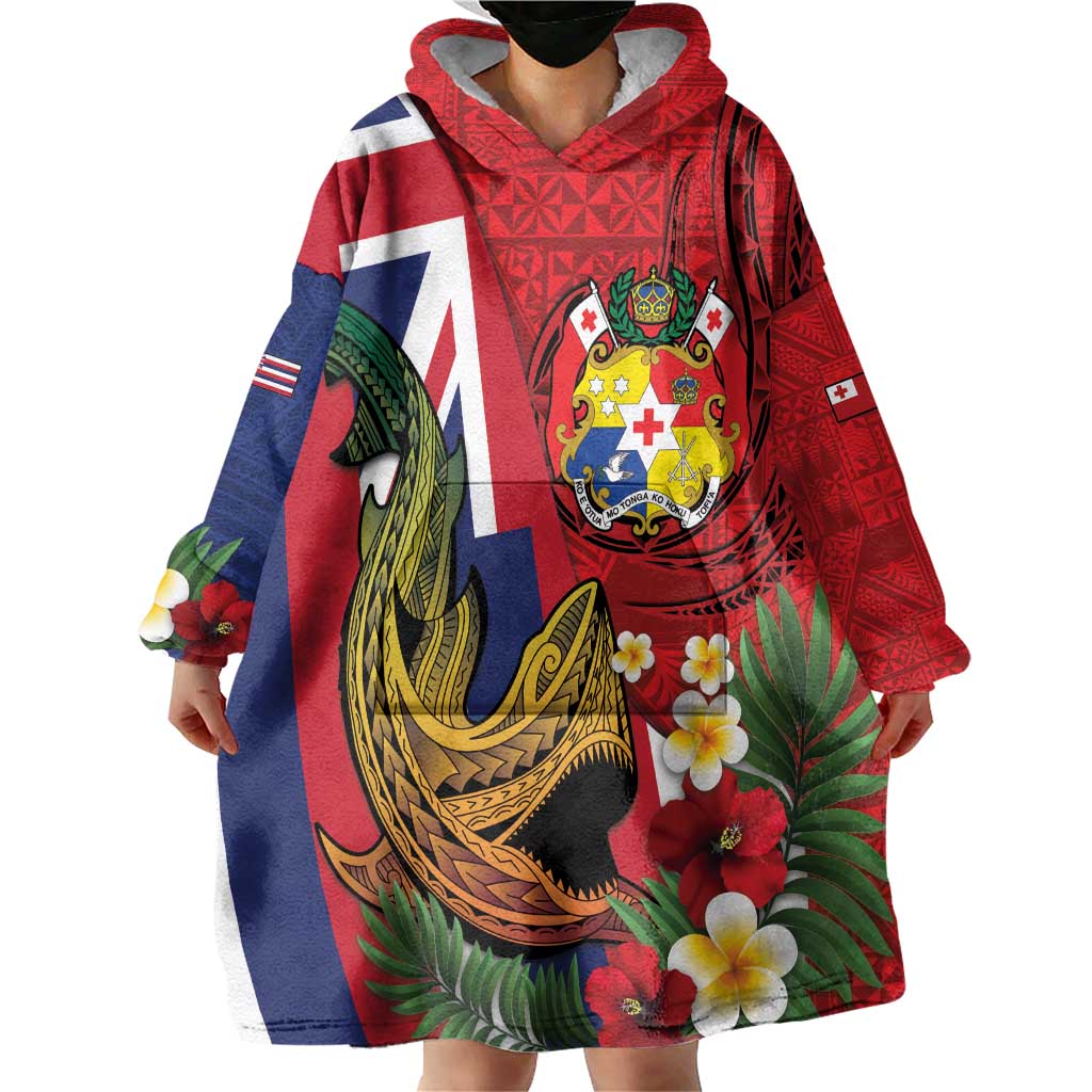 Hawaii And Tonga Wearable Blanket Hoodie Shark Tattoo With Tongan Coat Of Arms