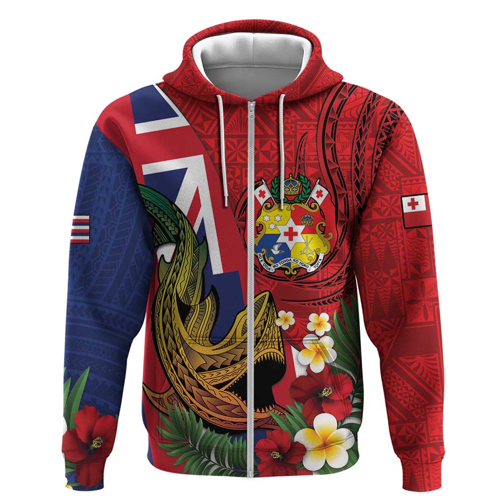 Hawaii And Tonga Zip Hoodie Shark Tattoo With Tongan Coat Of Arms LT14 Zip Hoodie Red - Polynesian Pride