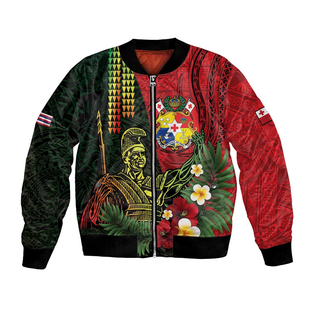 Hawaii And Tonga Bomber Jacket King Kamehameha Tribal Ngatu Pattern LT14 Unisex Red - Polynesian Pride
