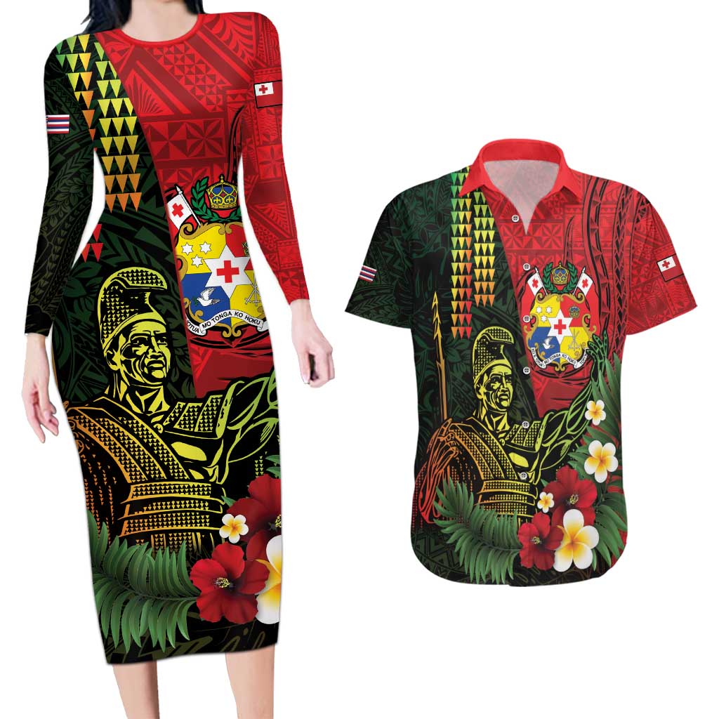 Hawaii And Tonga Couples Matching Long Sleeve Bodycon Dress and Hawaiian Shirt King Kamehameha Tribal Ngatu Pattern