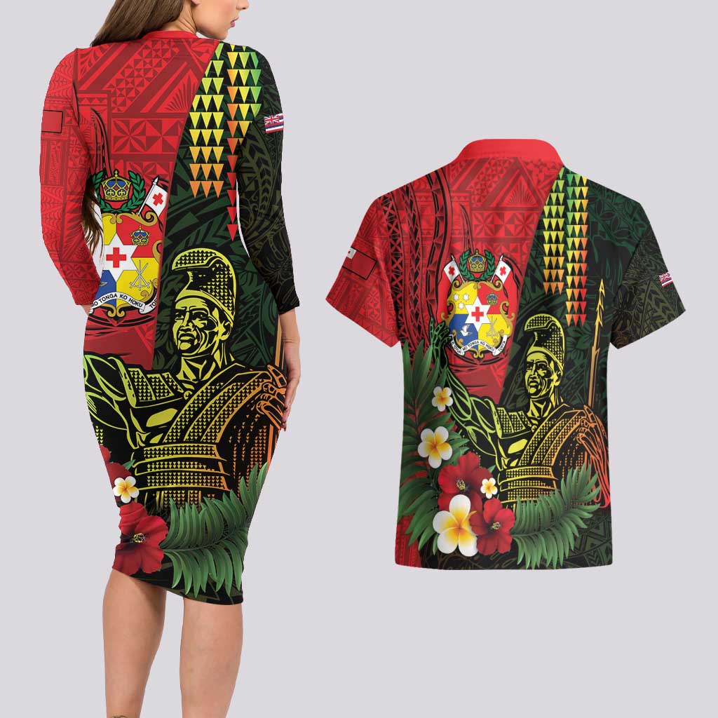 Hawaii And Tonga Couples Matching Long Sleeve Bodycon Dress and Hawaiian Shirt King Kamehameha Tribal Ngatu Pattern