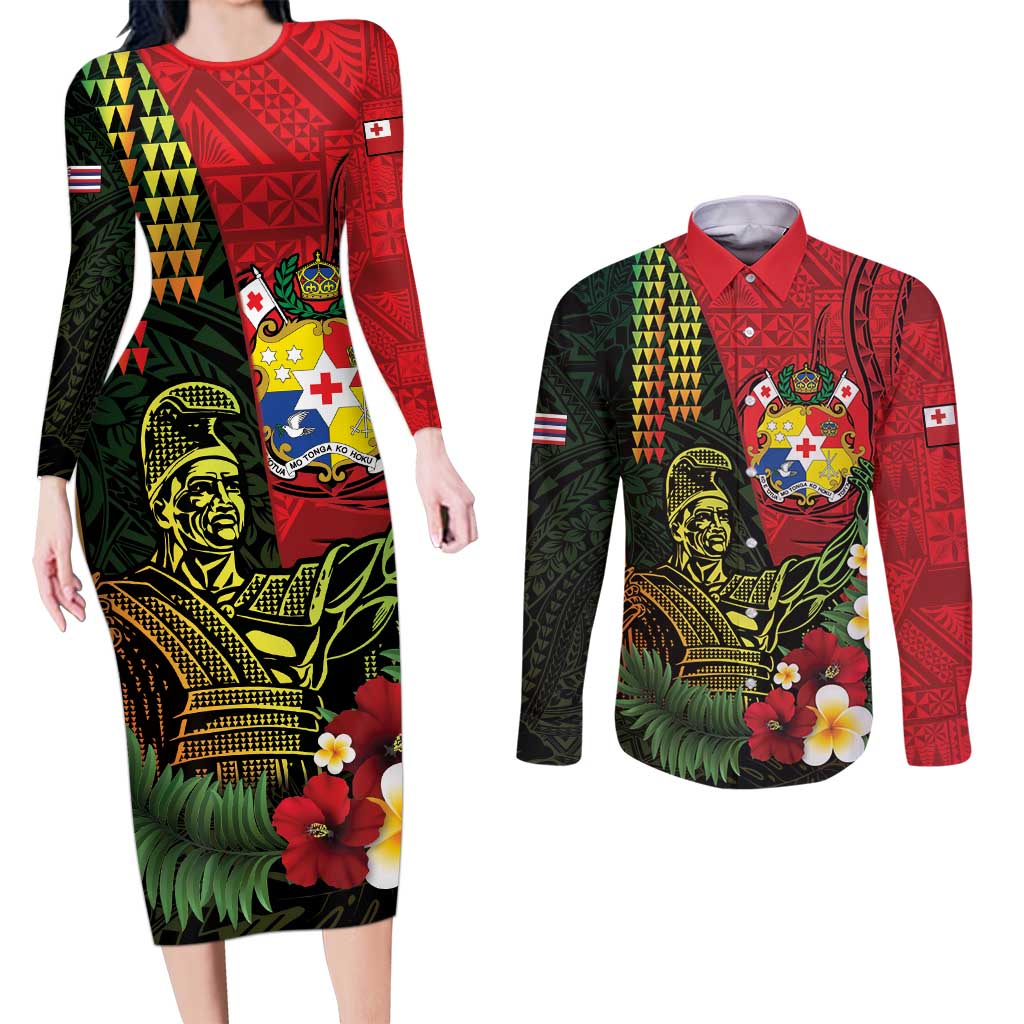 Hawaii And Tonga Couples Matching Long Sleeve Bodycon Dress and Long Sleeve Button Shirt King Kamehameha Tribal Ngatu Pattern LT14 Red - Polynesian Pride