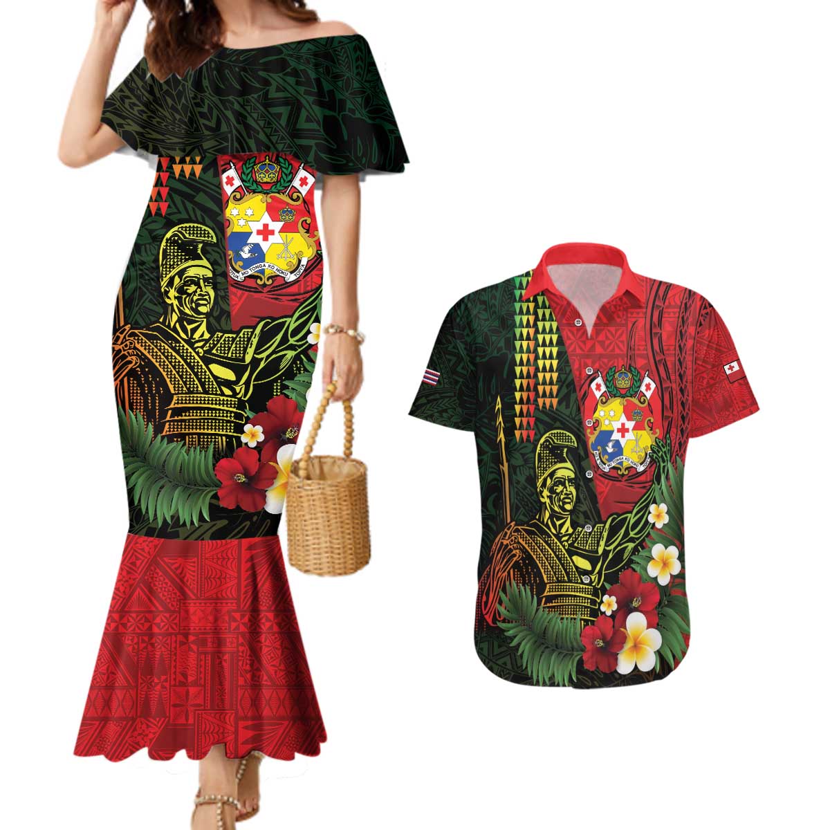 Hawaii And Tonga Couples Matching Mermaid Dress and Hawaiian Shirt King Kamehameha Tribal Ngatu Pattern LT14 Red - Polynesian Pride