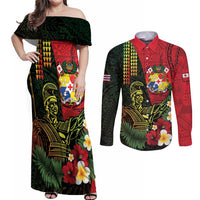 Hawaii And Tonga Couples Matching Off Shoulder Maxi Dress and Long Sleeve Button Shirt King Kamehameha Tribal Ngatu Pattern
