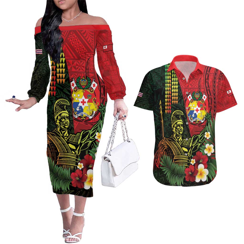 Hawaii And Tonga Couples Matching Off The Shoulder Long Sleeve Dress and Hawaiian Shirt King Kamehameha Tribal Ngatu Pattern LT14 Red - Polynesian Pride