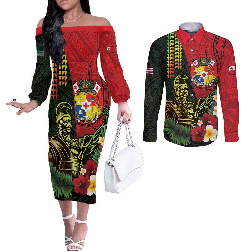 Hawaii And Tonga Couples Matching Off The Shoulder Long Sleeve Dress and Long Sleeve Button Shirt King Kamehameha Tribal Ngatu Pattern LT14 Red - Polynesian Pride