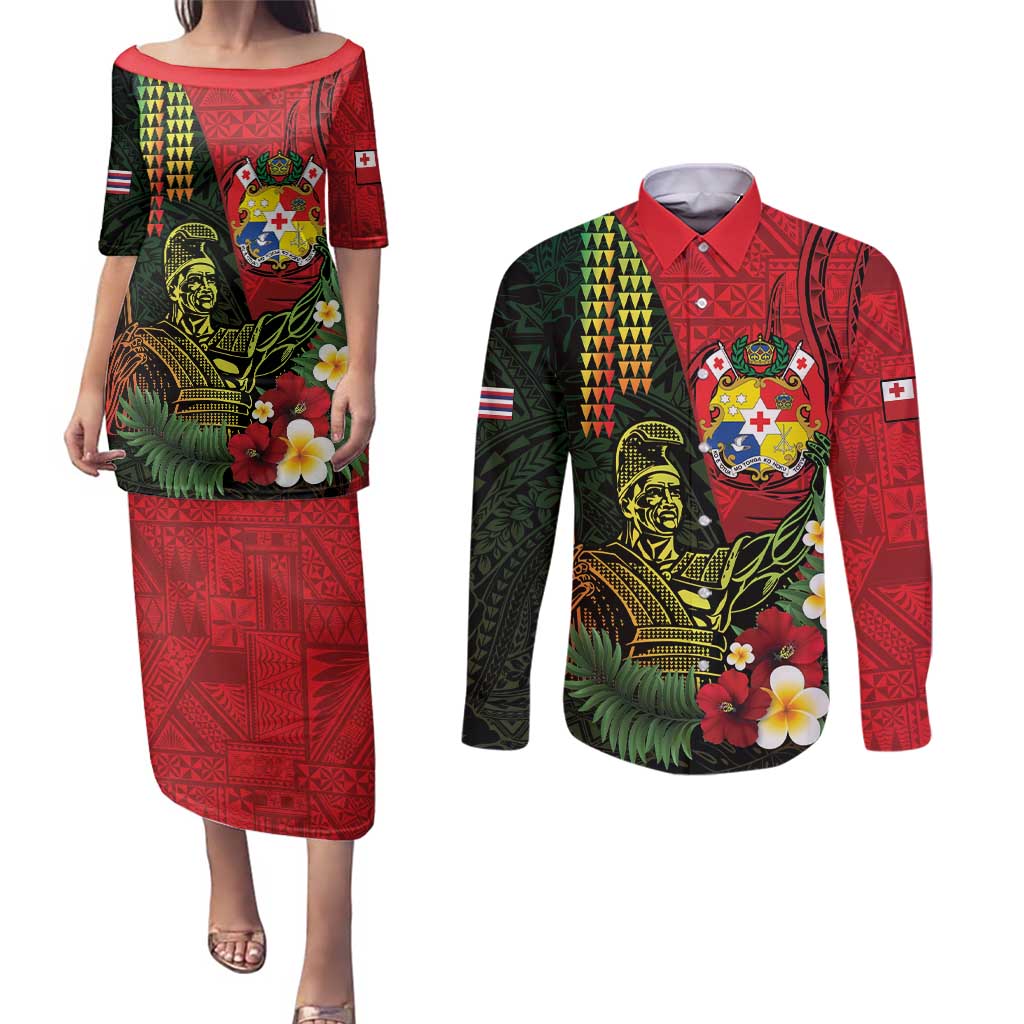 Hawaii And Tonga Couples Matching Puletasi and Long Sleeve Button Shirt King Kamehameha Tribal Ngatu Pattern LT14 Red - Polynesian Pride