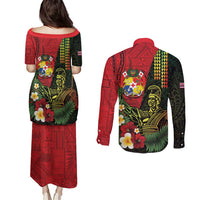 Hawaii And Tonga Couples Matching Puletasi and Long Sleeve Button Shirt King Kamehameha Tribal Ngatu Pattern LT14 - Polynesian Pride