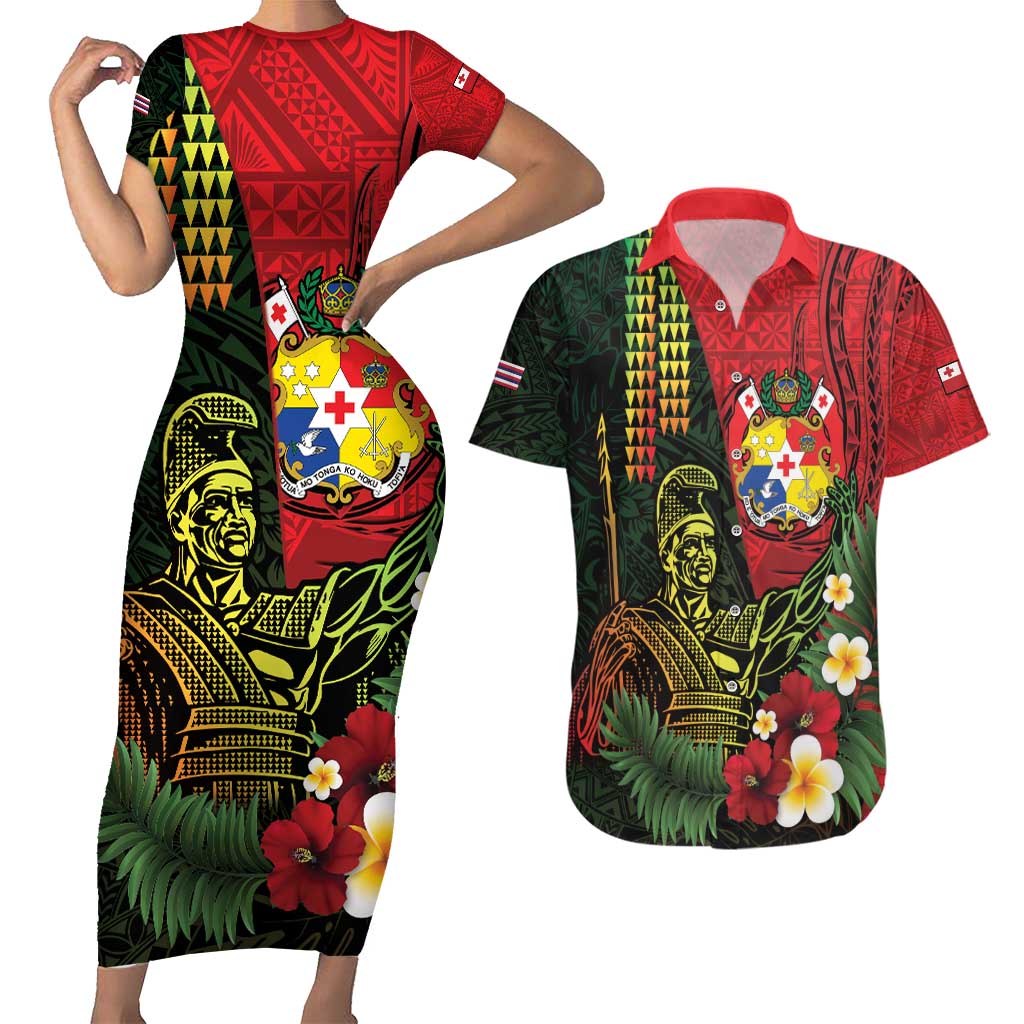 Hawaii And Tonga Couples Matching Short Sleeve Bodycon Dress and Hawaiian Shirt King Kamehameha Tribal Ngatu Pattern