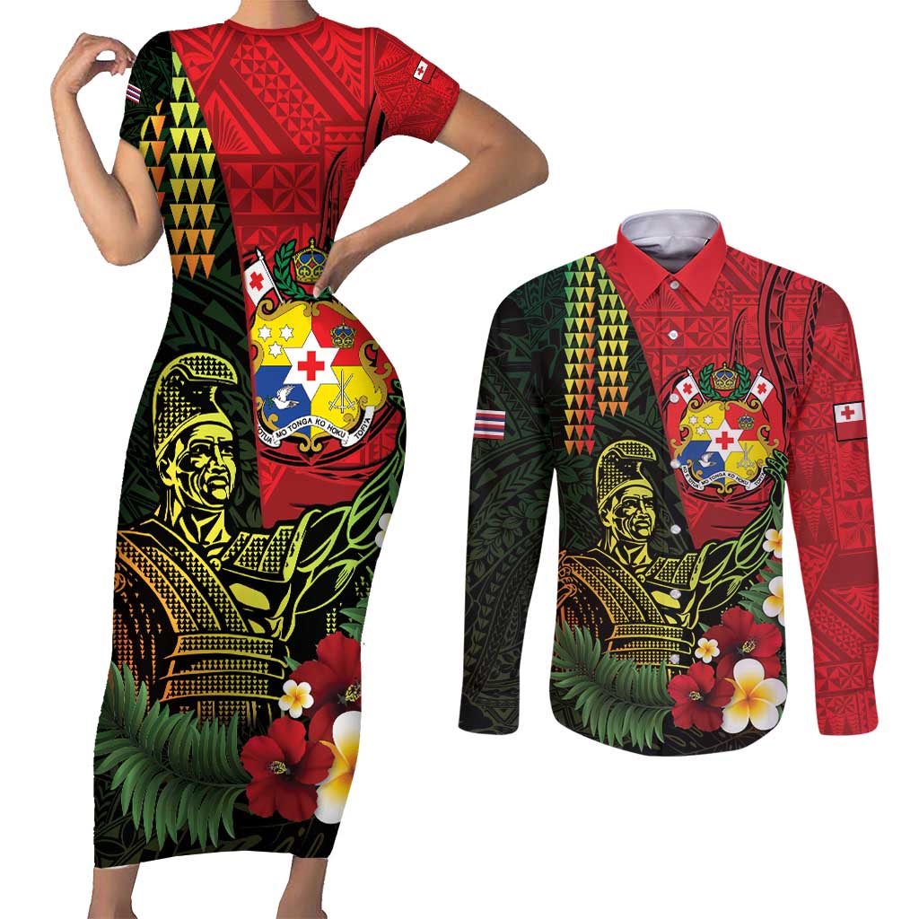 Hawaii And Tonga Couples Matching Short Sleeve Bodycon Dress and Long Sleeve Button Shirt King Kamehameha Tribal Ngatu Pattern LT14 Red - Polynesian Pride
