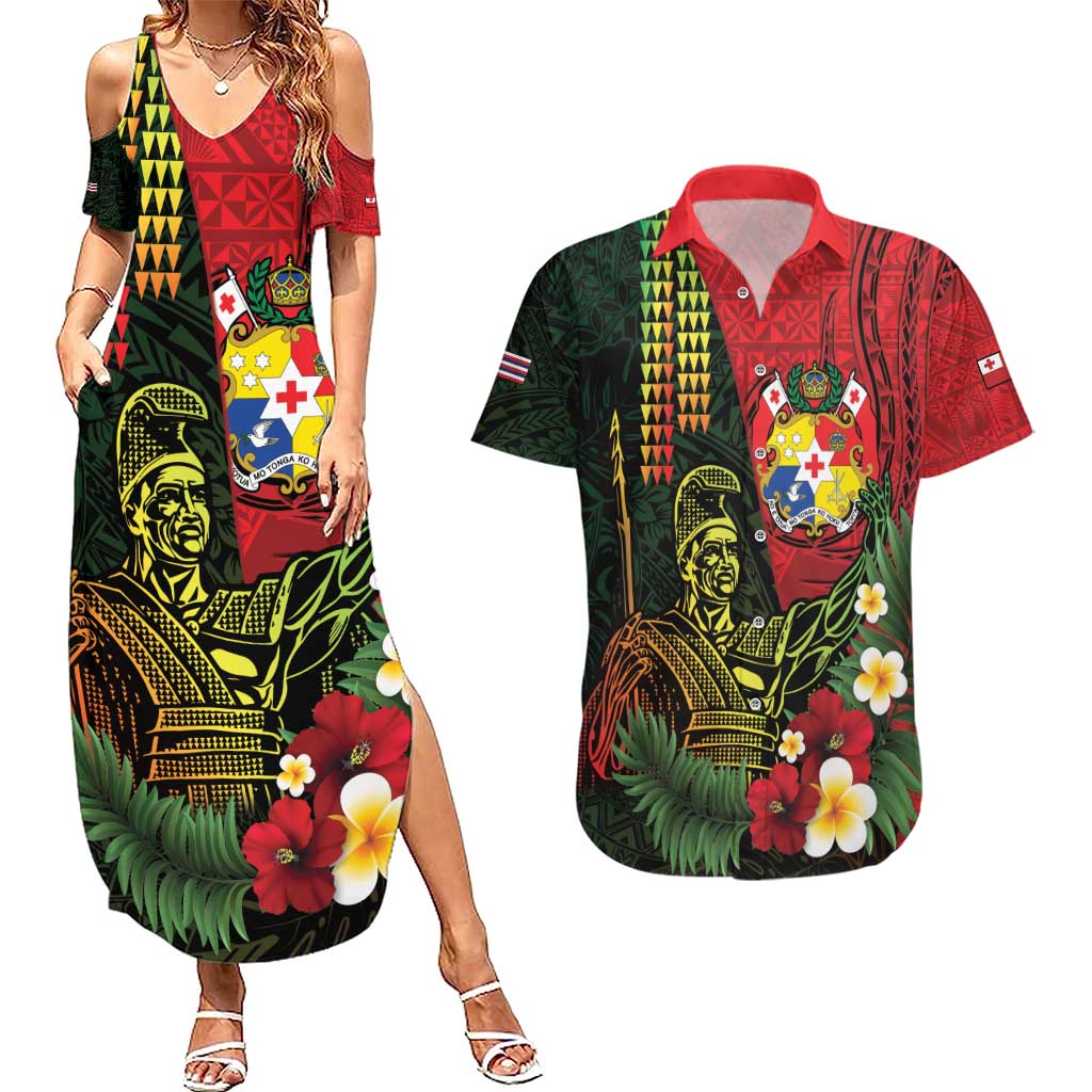 Hawaii And Tonga Couples Matching Summer Maxi Dress and Hawaiian Shirt King Kamehameha Tribal Ngatu Pattern LT14 Red - Polynesian Pride