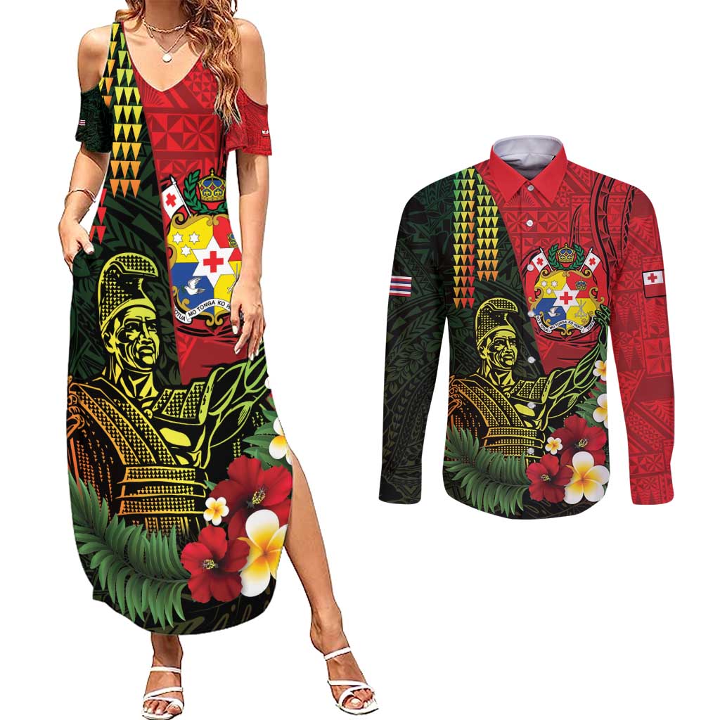 Hawaii And Tonga Couples Matching Summer Maxi Dress and Long Sleeve Button Shirt King Kamehameha Tribal Ngatu Pattern LT14 Red - Polynesian Pride