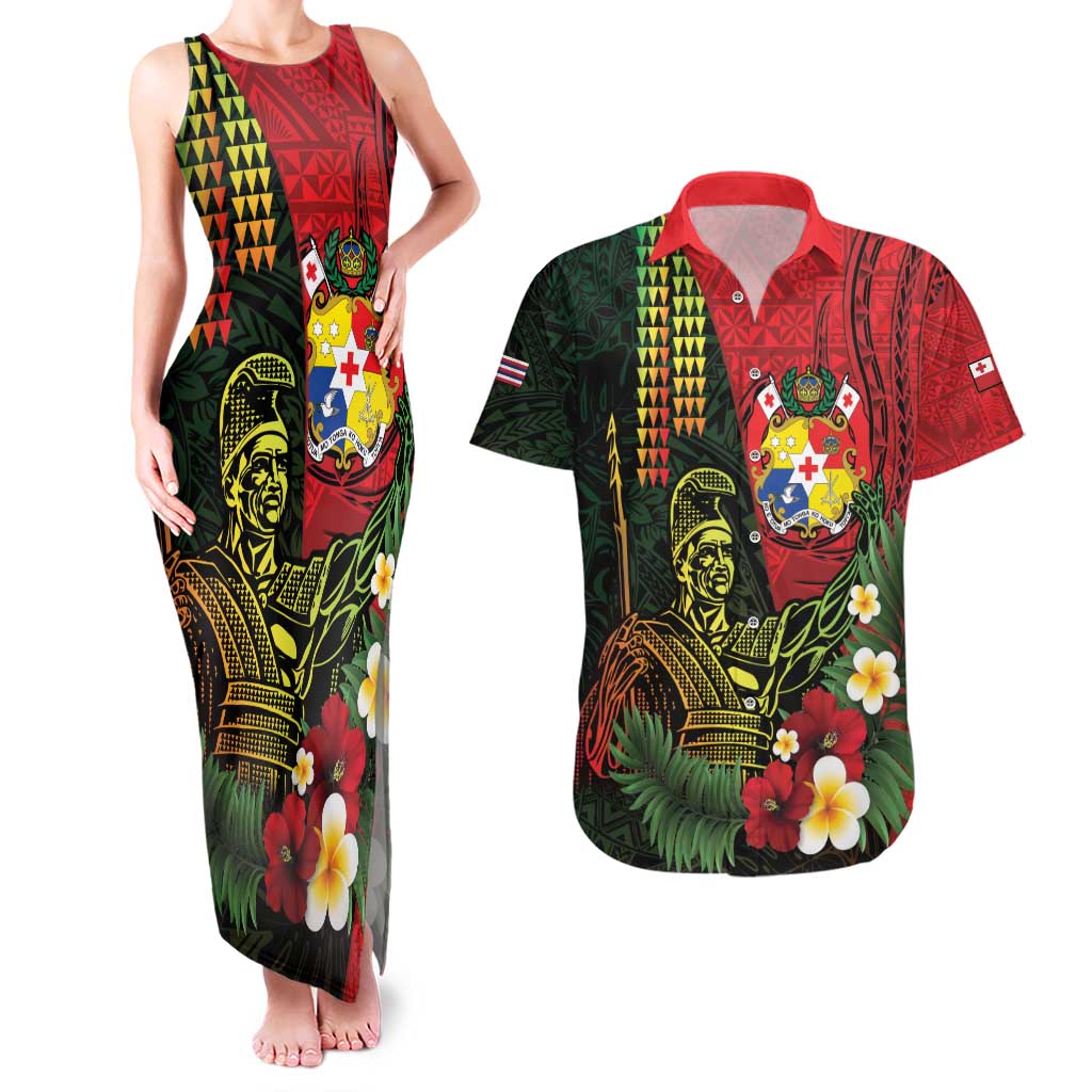 Hawaii And Tonga Couples Matching Tank Maxi Dress and Hawaiian Shirt King Kamehameha Tribal Ngatu Pattern LT14 Red - Polynesian Pride