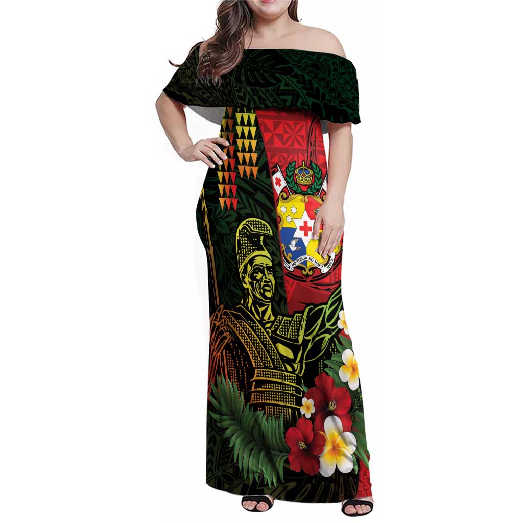 Hawaii And Tonga Family Matching Off Shoulder Maxi Dress and Hawaiian Shirt King Kamehameha Tribal Ngatu Pattern
