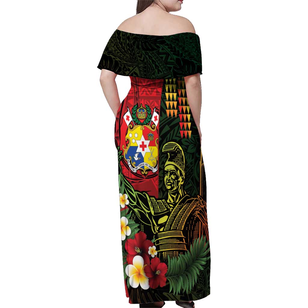 Hawaii And Tonga Family Matching Off Shoulder Maxi Dress and Hawaiian Shirt King Kamehameha Tribal Ngatu Pattern