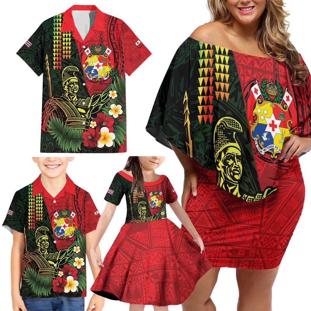 Hawaii And Tonga Family Matching Off Shoulder Short Dress and Hawaiian Shirt King Kamehameha Tribal Ngatu Pattern