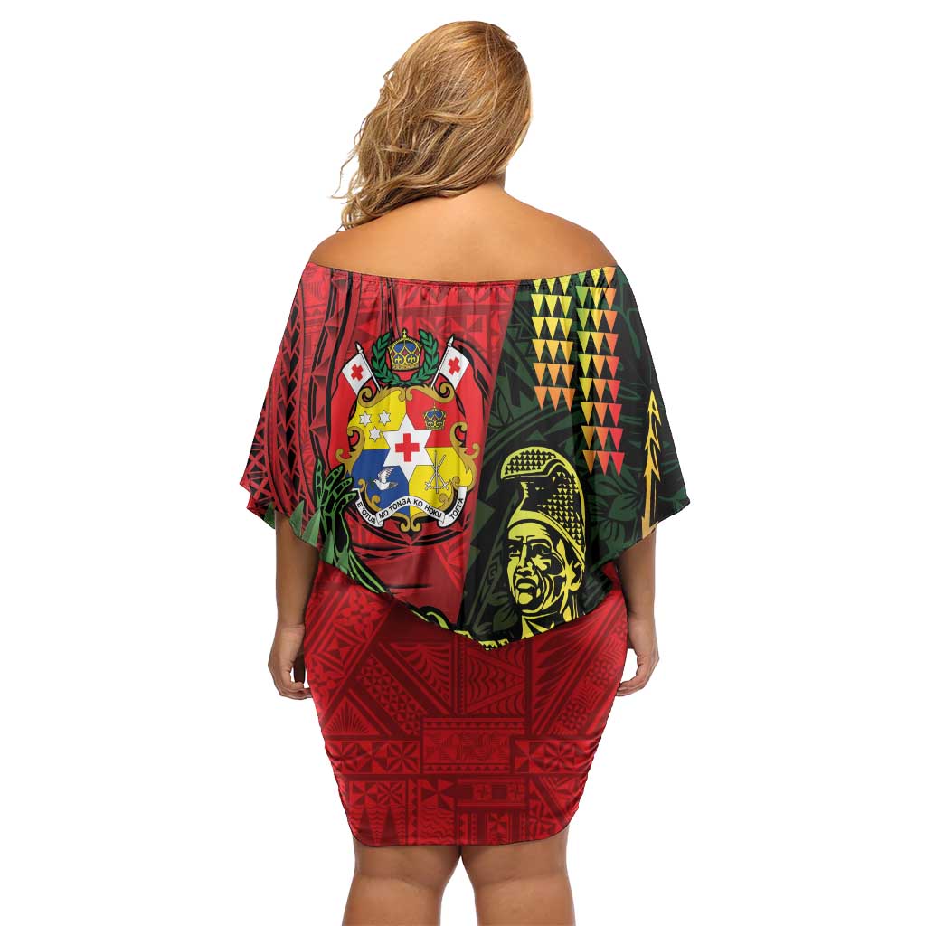 Hawaii And Tonga Family Matching Off Shoulder Short Dress and Hawaiian Shirt King Kamehameha Tribal Ngatu Pattern