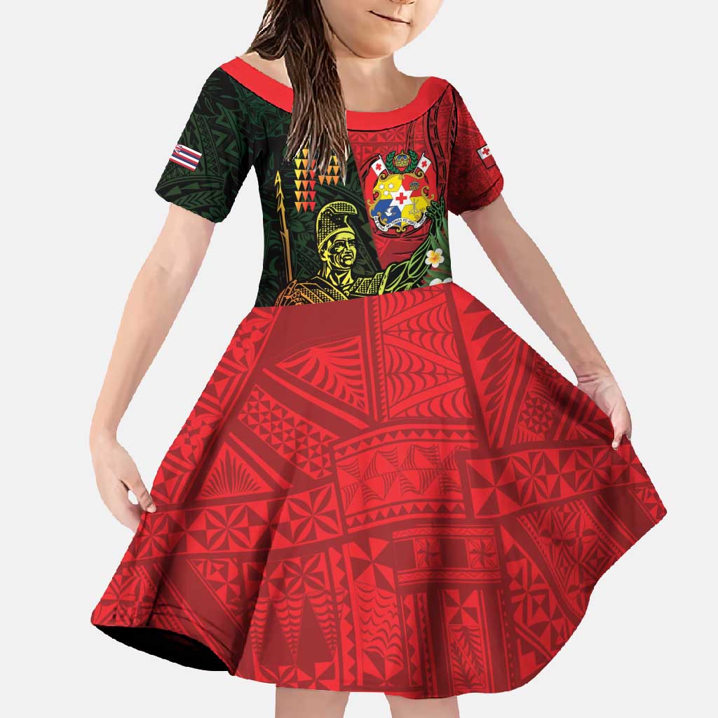 Hawaii And Tonga Family Matching Short Sleeve Bodycon Dress and Hawaiian Shirt King Kamehameha Tribal Ngatu Pattern
