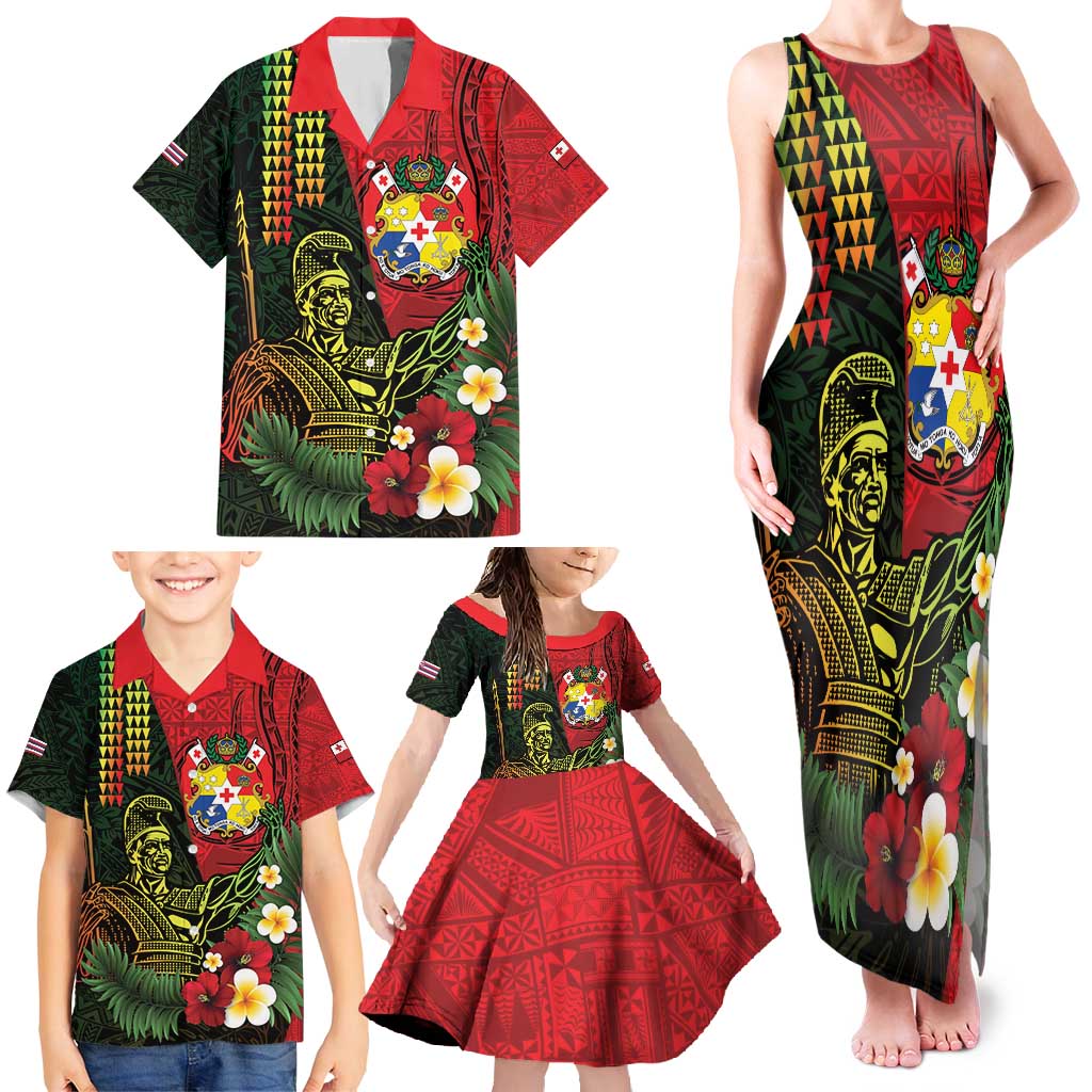 Hawaii And Tonga Family Matching Tank Maxi Dress and Hawaiian Shirt King Kamehameha Tribal Ngatu Pattern