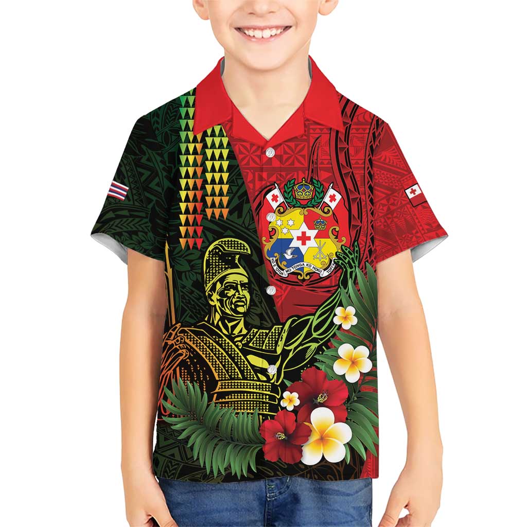 Hawaii And Tonga Kid Hawaiian Shirt King Kamehameha Tribal Ngatu Pattern