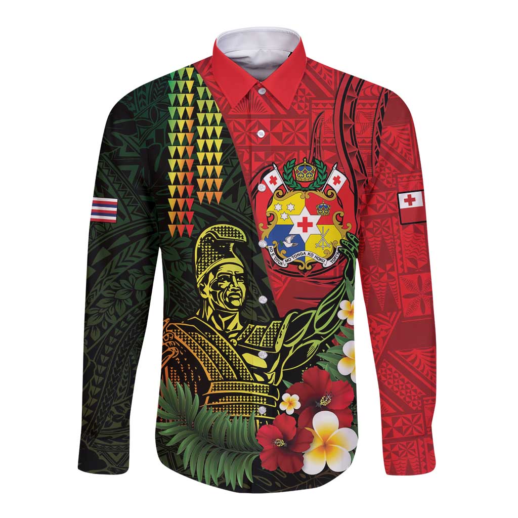 Hawaii And Tonga Long Sleeve Button Shirt King Kamehameha Tribal Ngatu Pattern LT14 Unisex Red - Polynesian Pride
