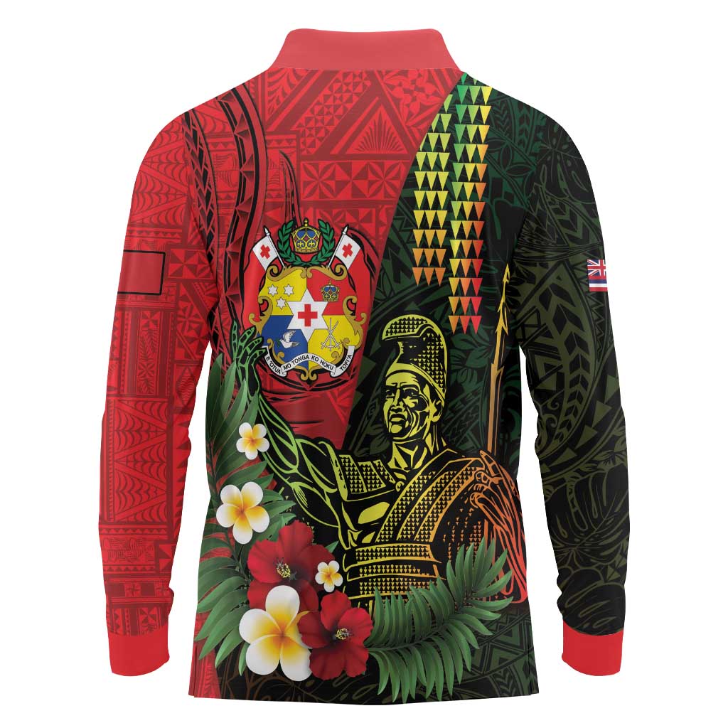 Hawaii And Tonga Long Sleeve Polo Shirt King Kamehameha Tribal Ngatu Pattern