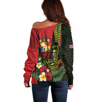 Hawaii And Tonga Off Shoulder Sweater King Kamehameha Tribal Ngatu Pattern