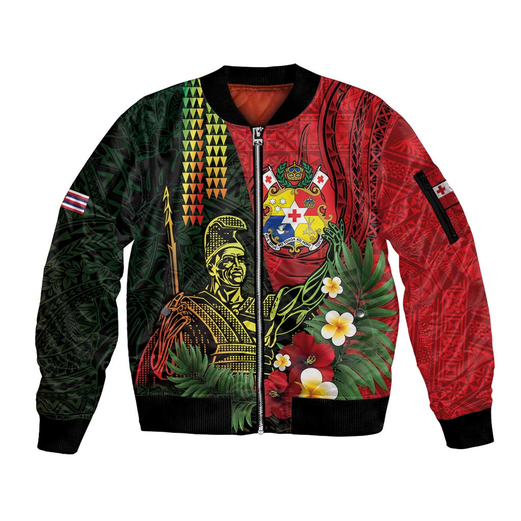 Hawaii And Tonga Sleeve Zip Bomber Jacket King Kamehameha Tribal Ngatu Pattern LT14 Unisex Red - Polynesian Pride