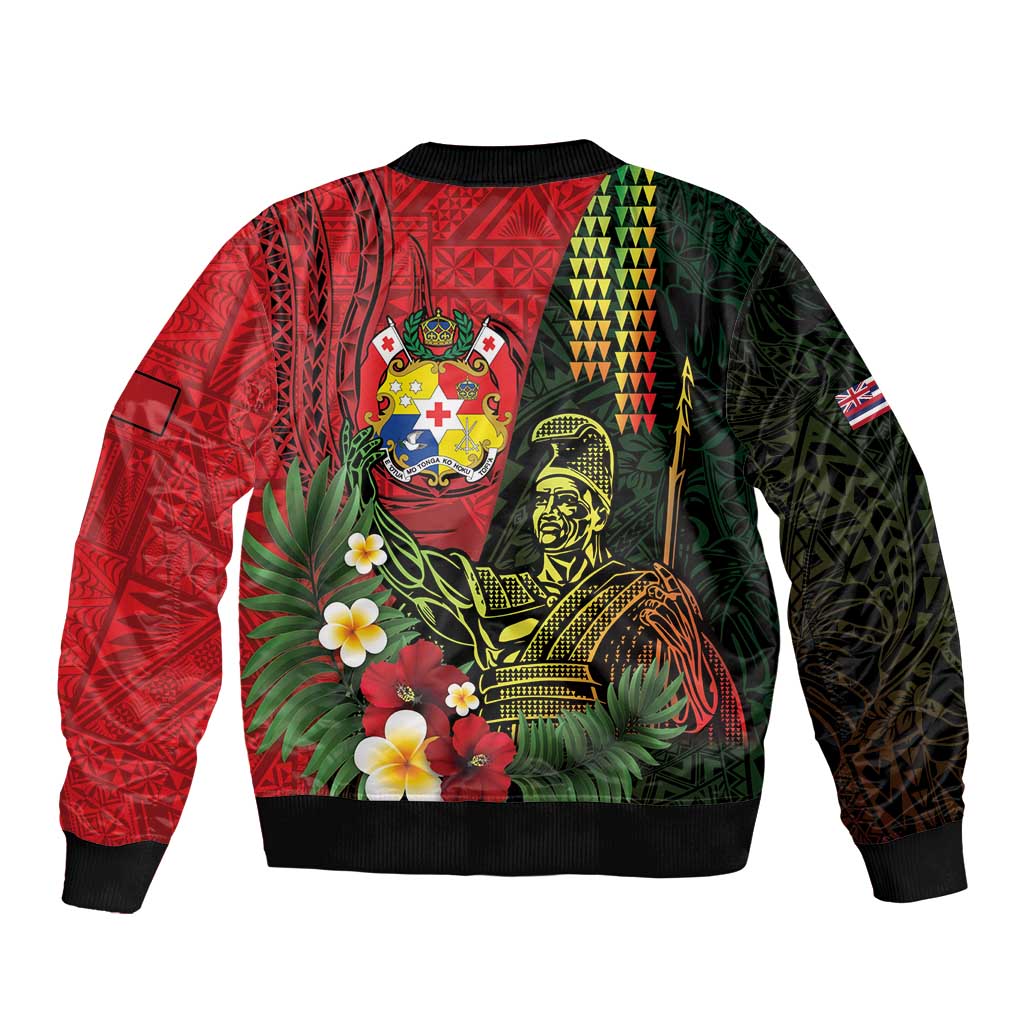 Hawaii And Tonga Sleeve Zip Bomber Jacket King Kamehameha Tribal Ngatu Pattern LT14 - Polynesian Pride