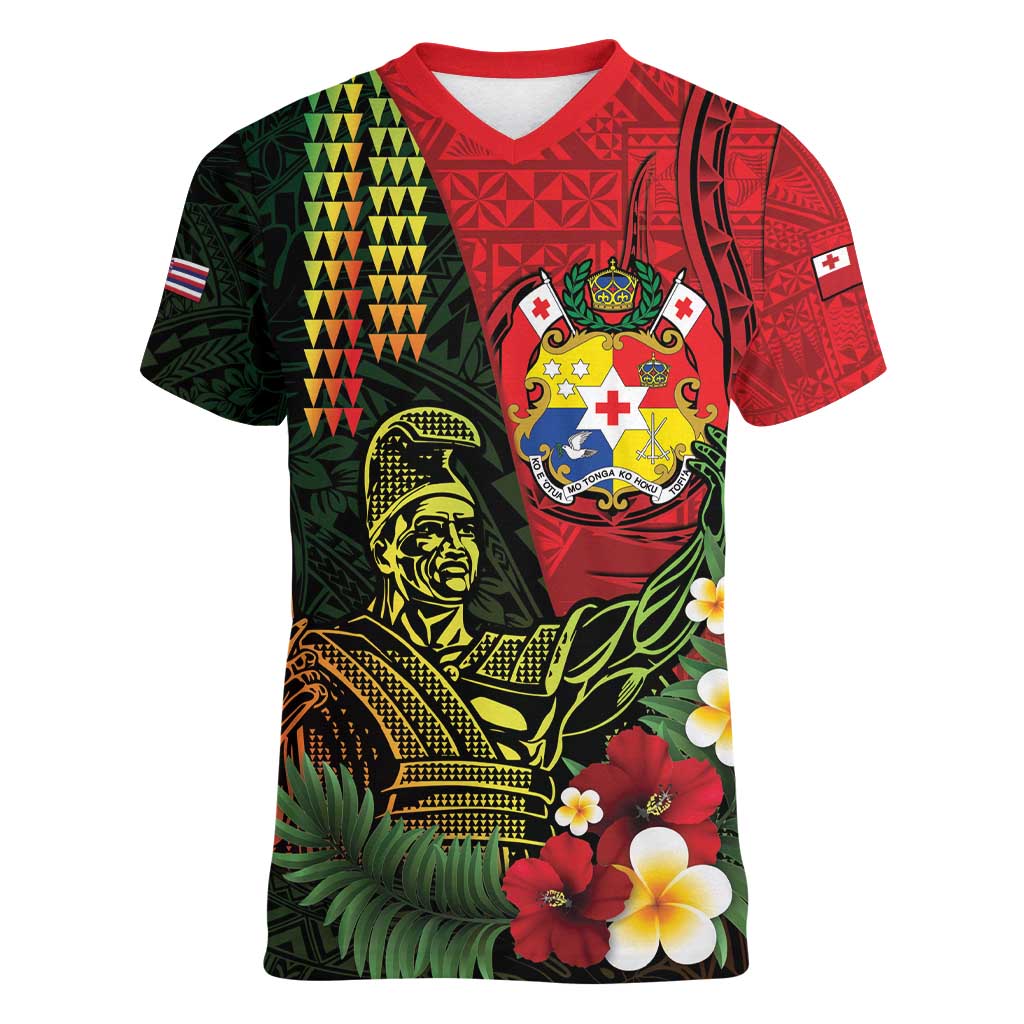 Hawaii And Tonga Women V-Neck T-Shirt King Kamehameha Tribal Ngatu Pattern LT14 Female Red - Polynesian Pride