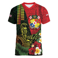 Hawaii And Tonga Women V-Neck T-Shirt King Kamehameha Tribal Ngatu Pattern LT14 Female Red - Polynesian Pride