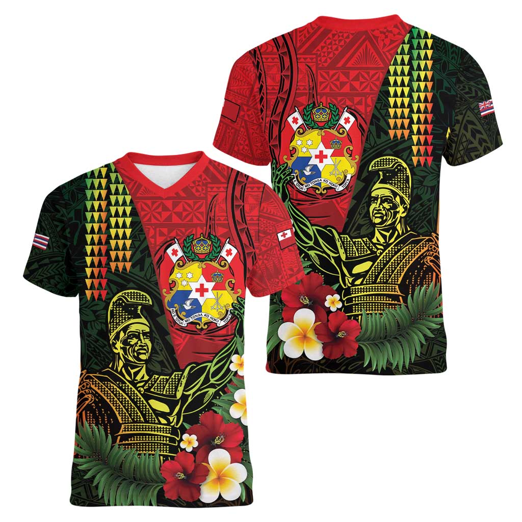 Hawaii And Tonga Women V-Neck T-Shirt King Kamehameha Tribal Ngatu Pattern LT14 - Polynesian Pride