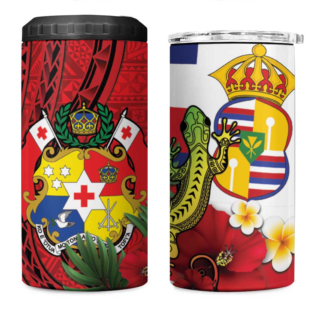 Hawaii And Tonga 4 in 1 Can Cooler Tumbler King Kalakaua Tribal Gecko Tongan Ngatu