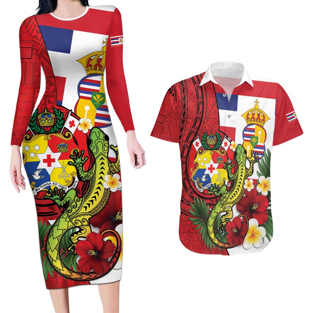 Hawaii And Tonga Couples Matching Long Sleeve Bodycon Dress and Hawaiian Shirt King Kalakaua Tribal Gecko Tongan Ngatu LT14 Red - Polynesian Pride