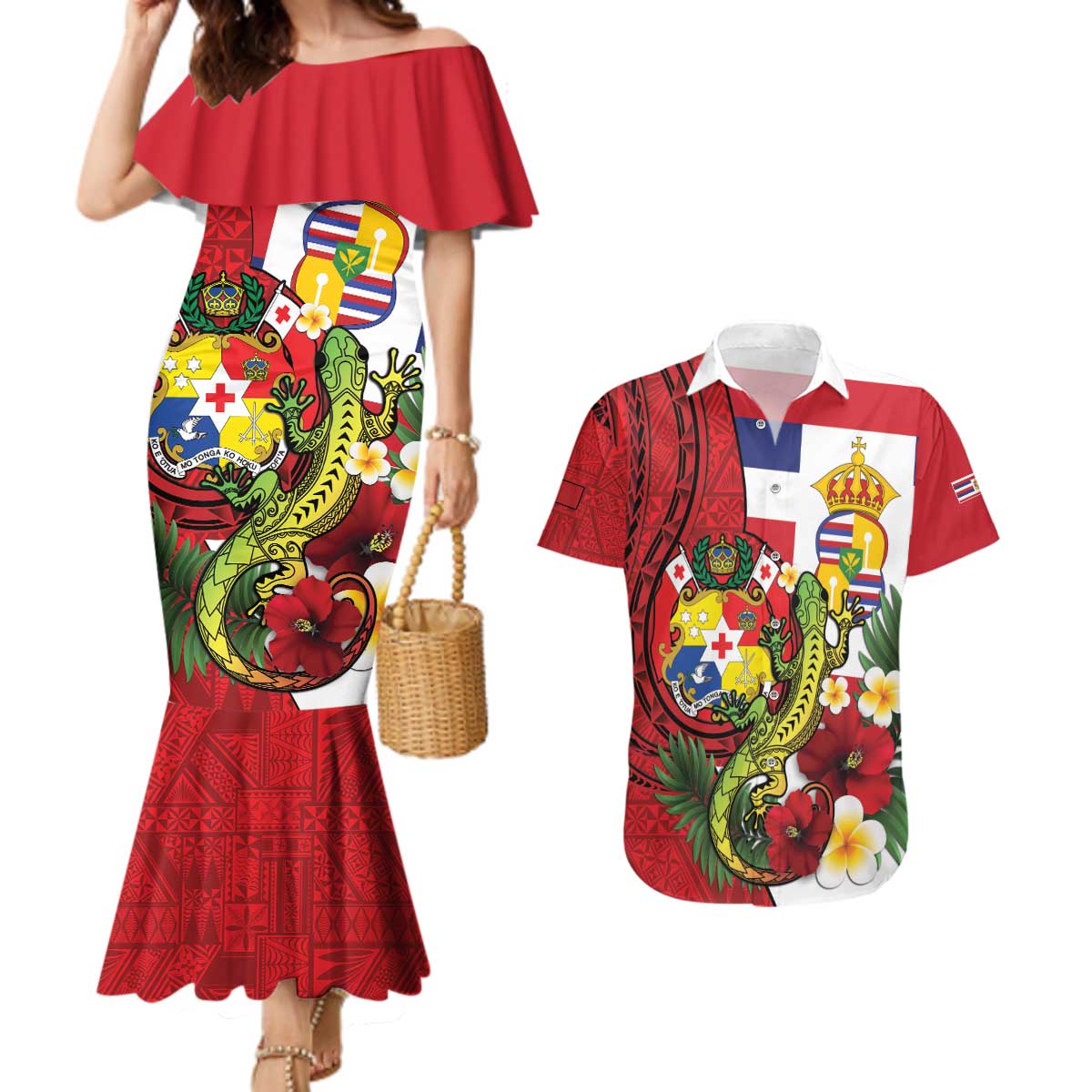 Hawaii And Tonga Couples Matching Mermaid Dress and Hawaiian Shirt King Kalakaua Tribal Gecko Tongan Ngatu LT14 Red - Polynesian Pride