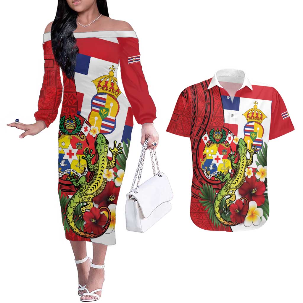 Hawaii And Tonga Couples Matching Off The Shoulder Long Sleeve Dress and Hawaiian Shirt King Kalakaua Tribal Gecko Tongan Ngatu LT14 Red - Polynesian Pride