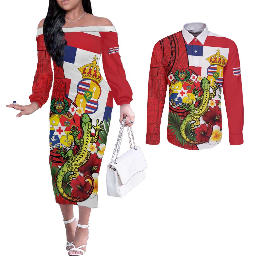 Hawaii And Tonga Couples Matching Off The Shoulder Long Sleeve Dress and Long Sleeve Button Shirt King Kalakaua Tribal Gecko Tongan Ngatu