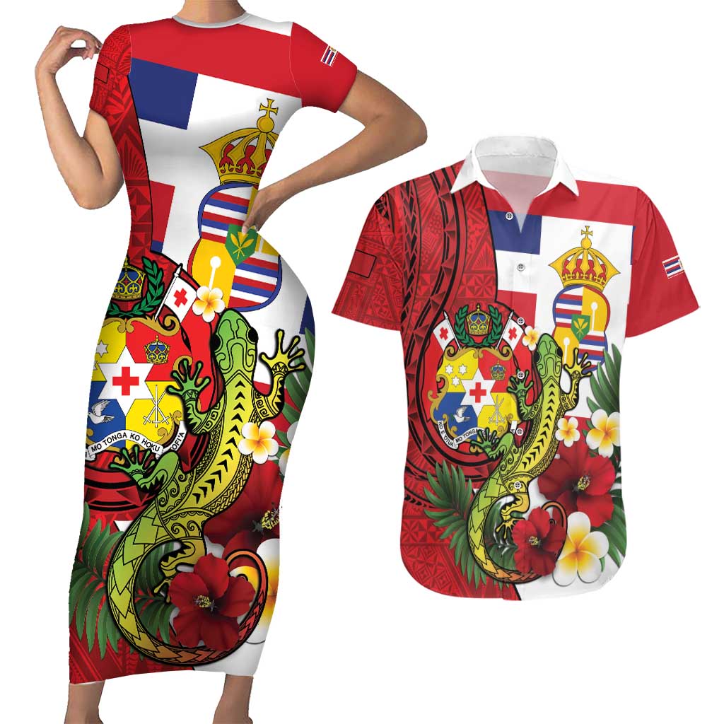 Hawaii And Tonga Couples Matching Short Sleeve Bodycon Dress and Hawaiian Shirt King Kalakaua Tribal Gecko Tongan Ngatu LT14 Red - Polynesian Pride