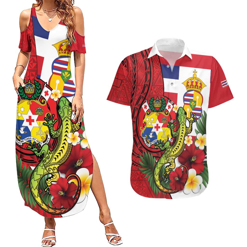 Hawaii And Tonga Couples Matching Summer Maxi Dress and Hawaiian Shirt King Kalakaua Tribal Gecko Tongan Ngatu LT14 Red - Polynesian Pride