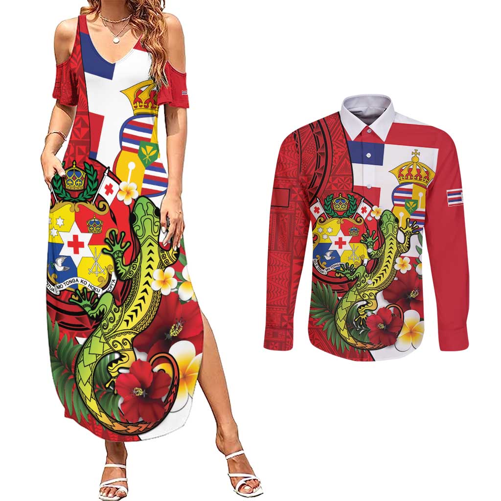 Hawaii And Tonga Couples Matching Summer Maxi Dress and Long Sleeve Button Shirt King Kalakaua Tribal Gecko Tongan Ngatu LT14 Red - Polynesian Pride