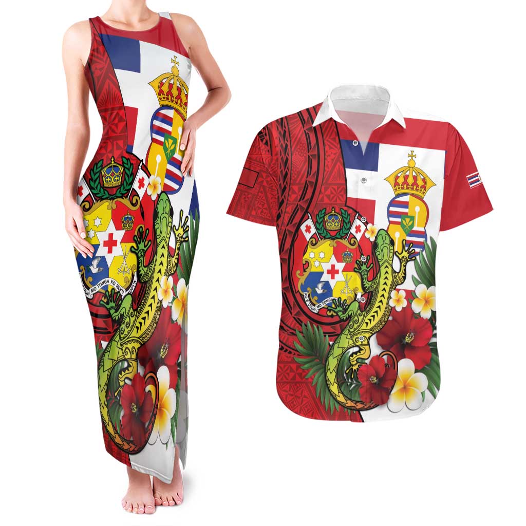 Hawaii And Tonga Couples Matching Tank Maxi Dress and Hawaiian Shirt King Kalakaua Tribal Gecko Tongan Ngatu LT14 Red - Polynesian Pride
