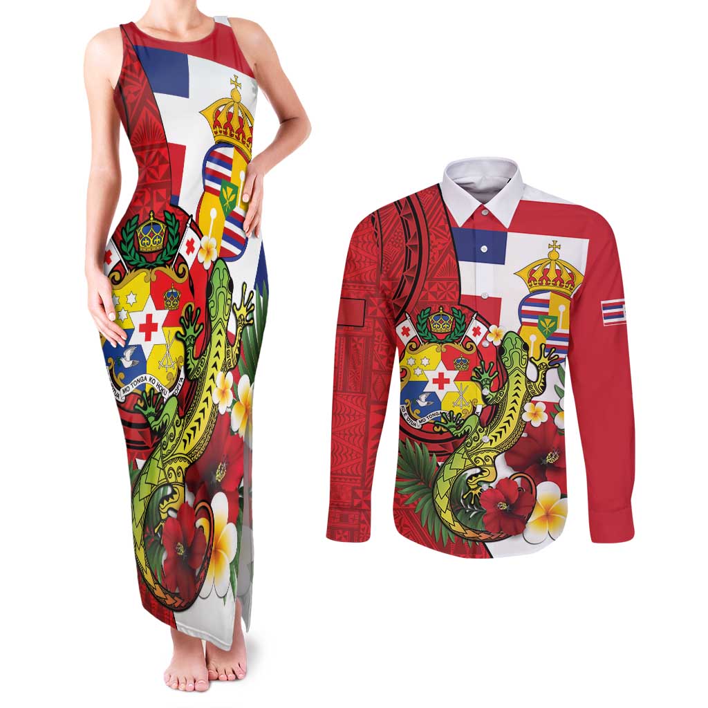 Hawaii And Tonga Couples Matching Tank Maxi Dress and Long Sleeve Button Shirt King Kalakaua Tribal Gecko Tongan Ngatu LT14 Red - Polynesian Pride