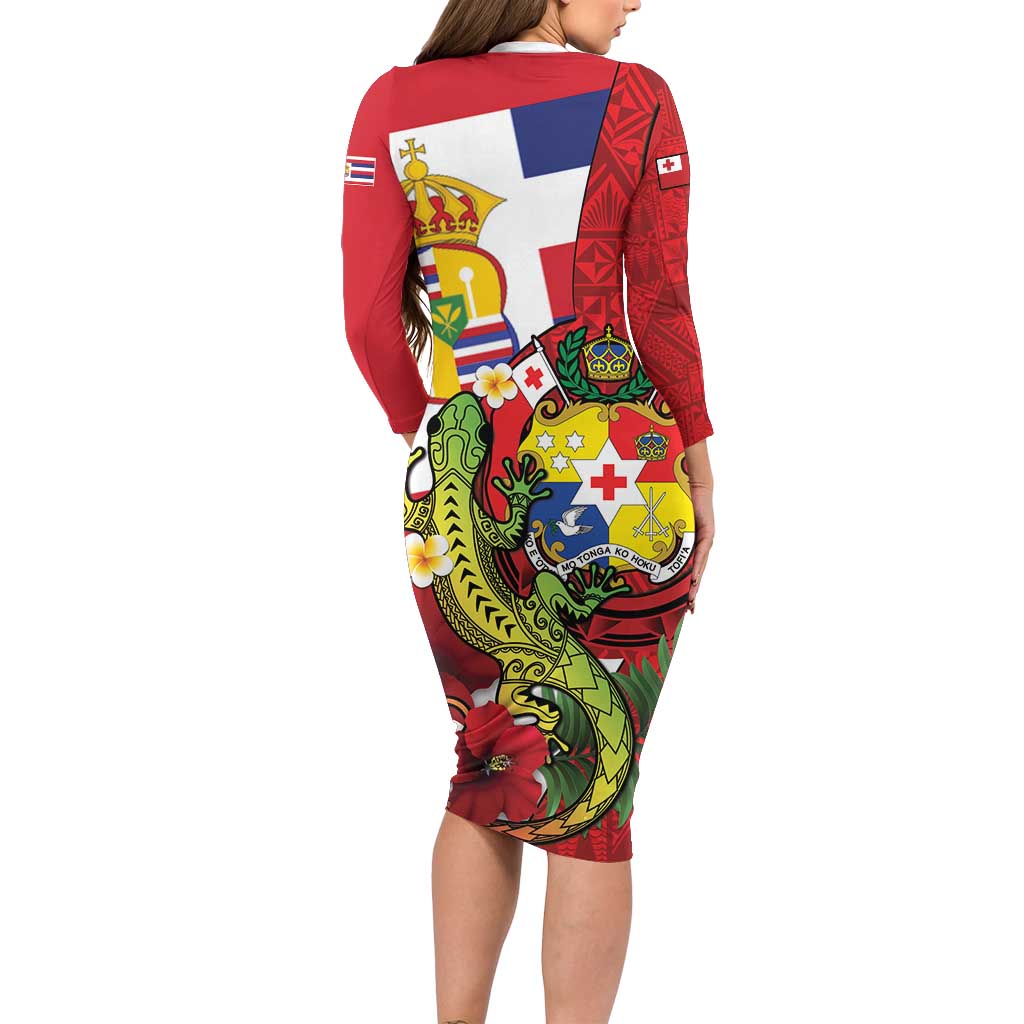 Hawaii And Tonga Family Matching Long Sleeve Bodycon Dress and Hawaiian Shirt King Kalakaua Tribal Gecko Tongan Ngatu